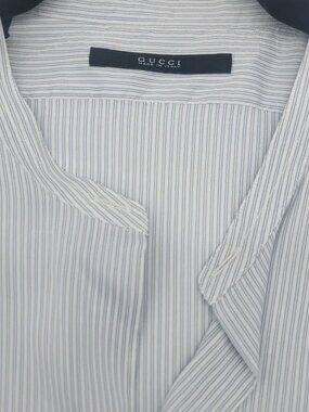 Gucci Mens Blue Striped Silk & Cotton Band Collar Italian Dress Shirt Flawless!